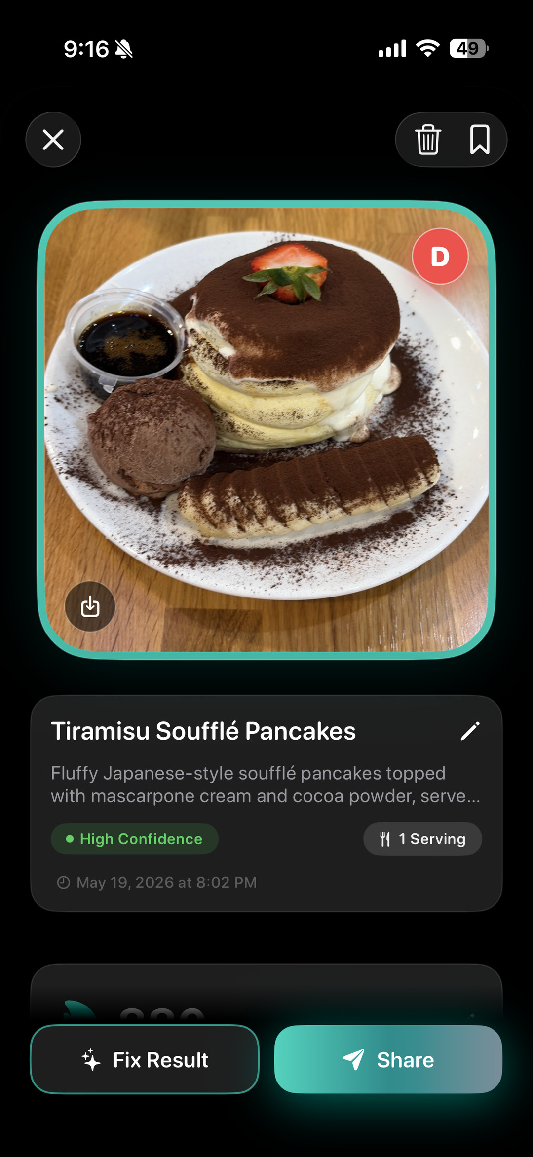 Snap Eat detecting Tiramisu Soufflé Pancakes from a photo