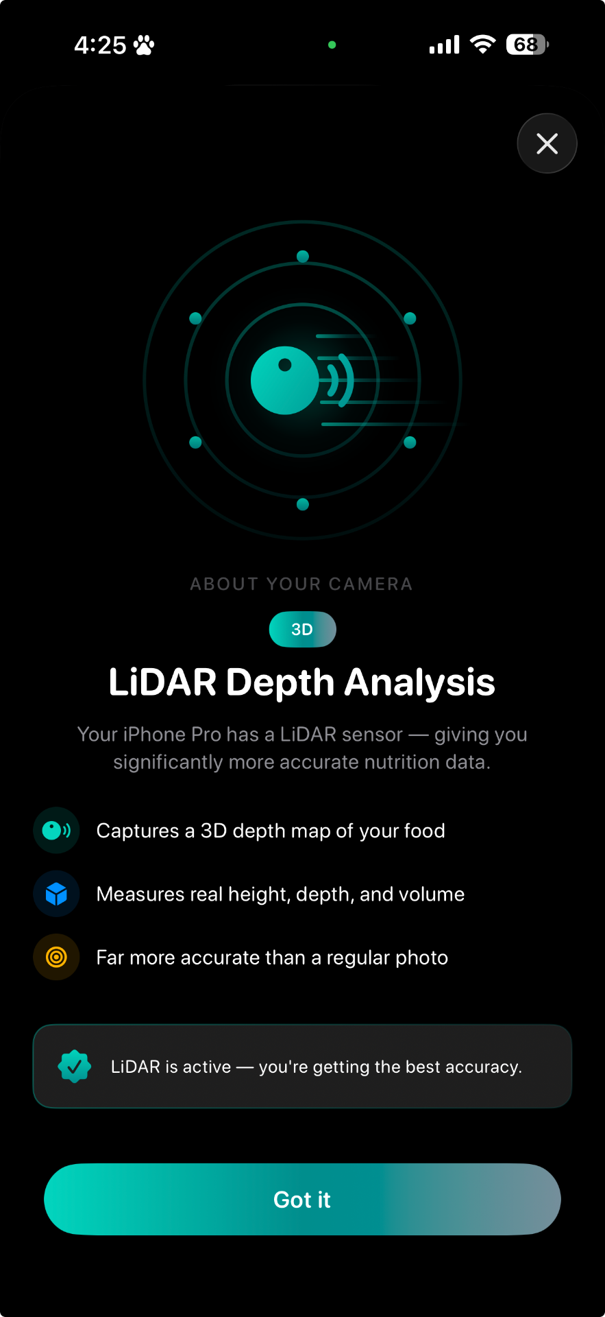 Snap Eat LiDAR depth analysis screen